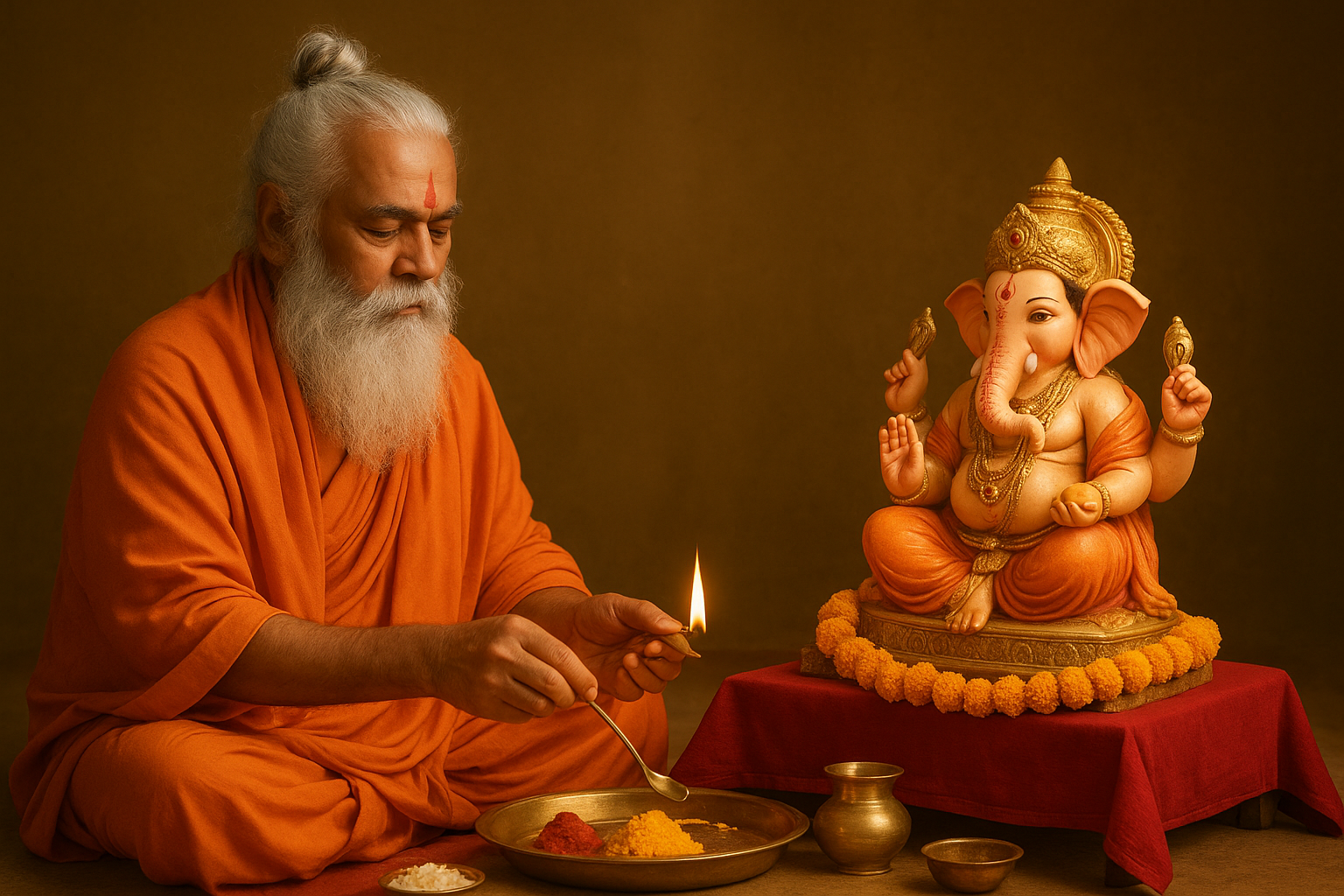 Vedic Pandit Ji performing puja before Lord Ganesha with traditional rituals at Arya Samaj Mandir Jaipur